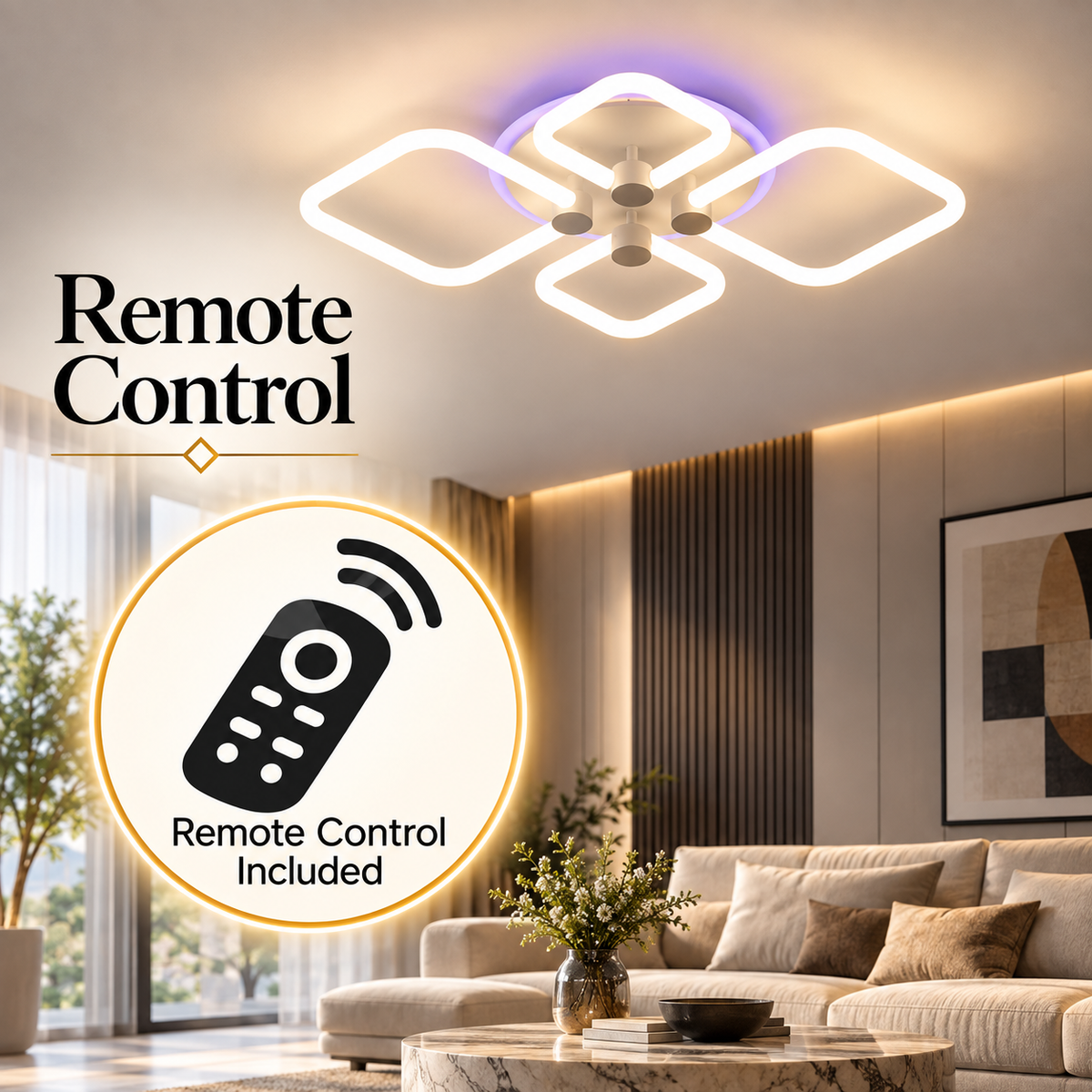 Plafonieră LED pătrată, 70 W, dimabilă, RGB, cu telecomandă