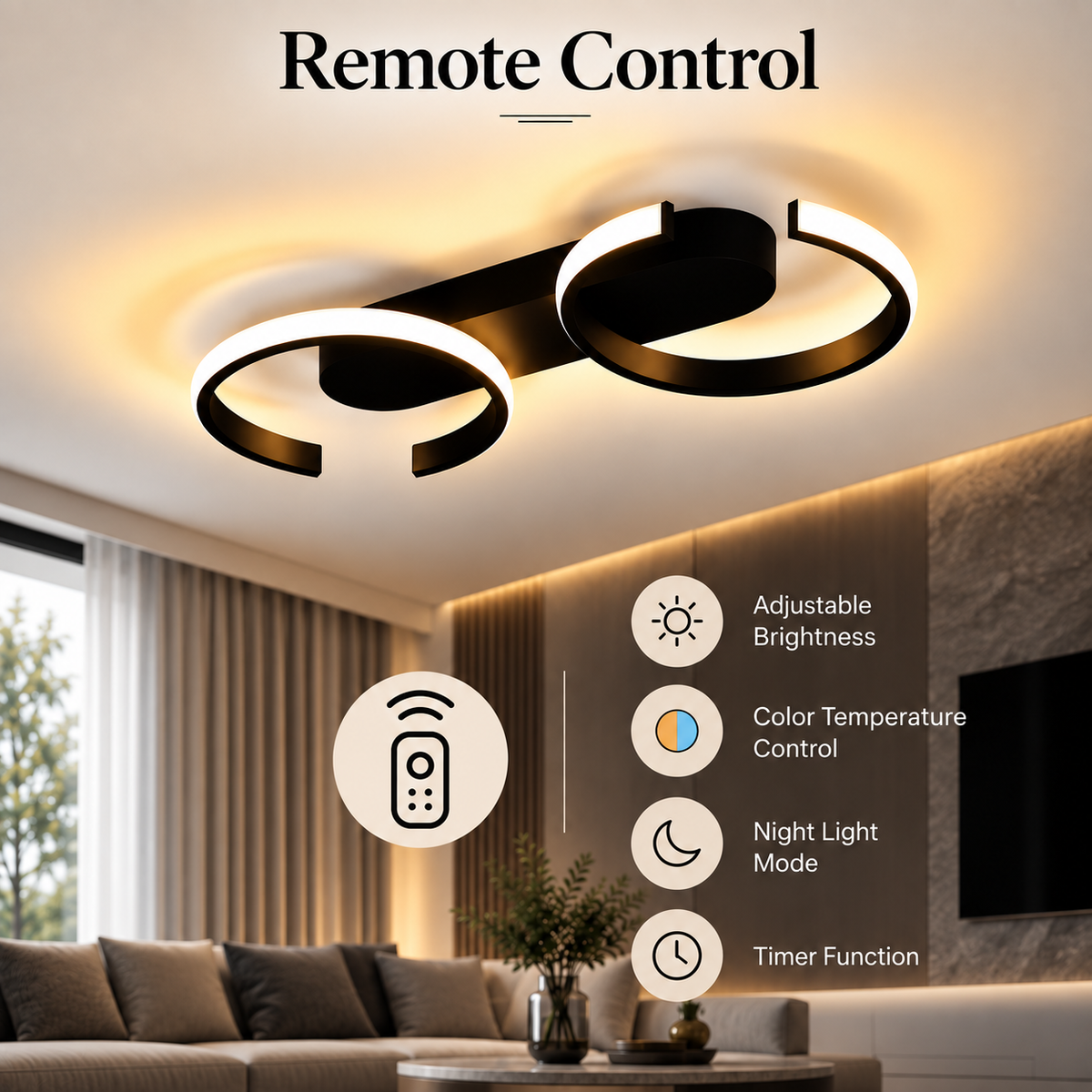 Plafonieră LED neagră, 47 cm, dimabilă, Wi-Fi, telecomandă, 3 culori