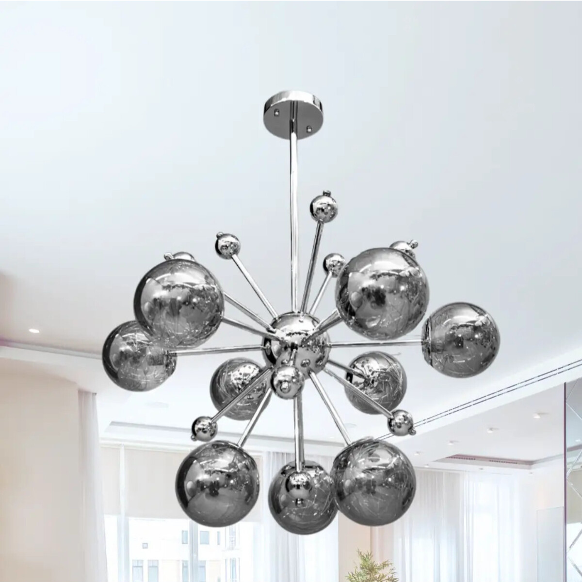 Candelabru de plafon cu 9 becuri E14, alb, metal și sticlă, Ø65 cm