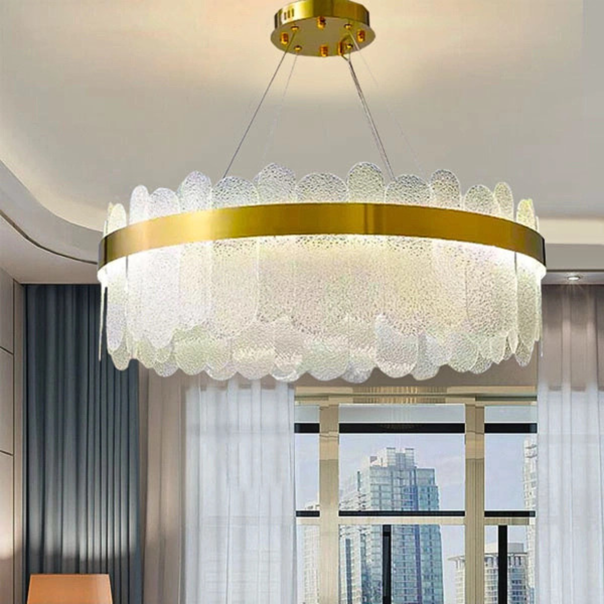 Lustră LED suspendată din cristal, aurie, 40 cm, cu telecomandă