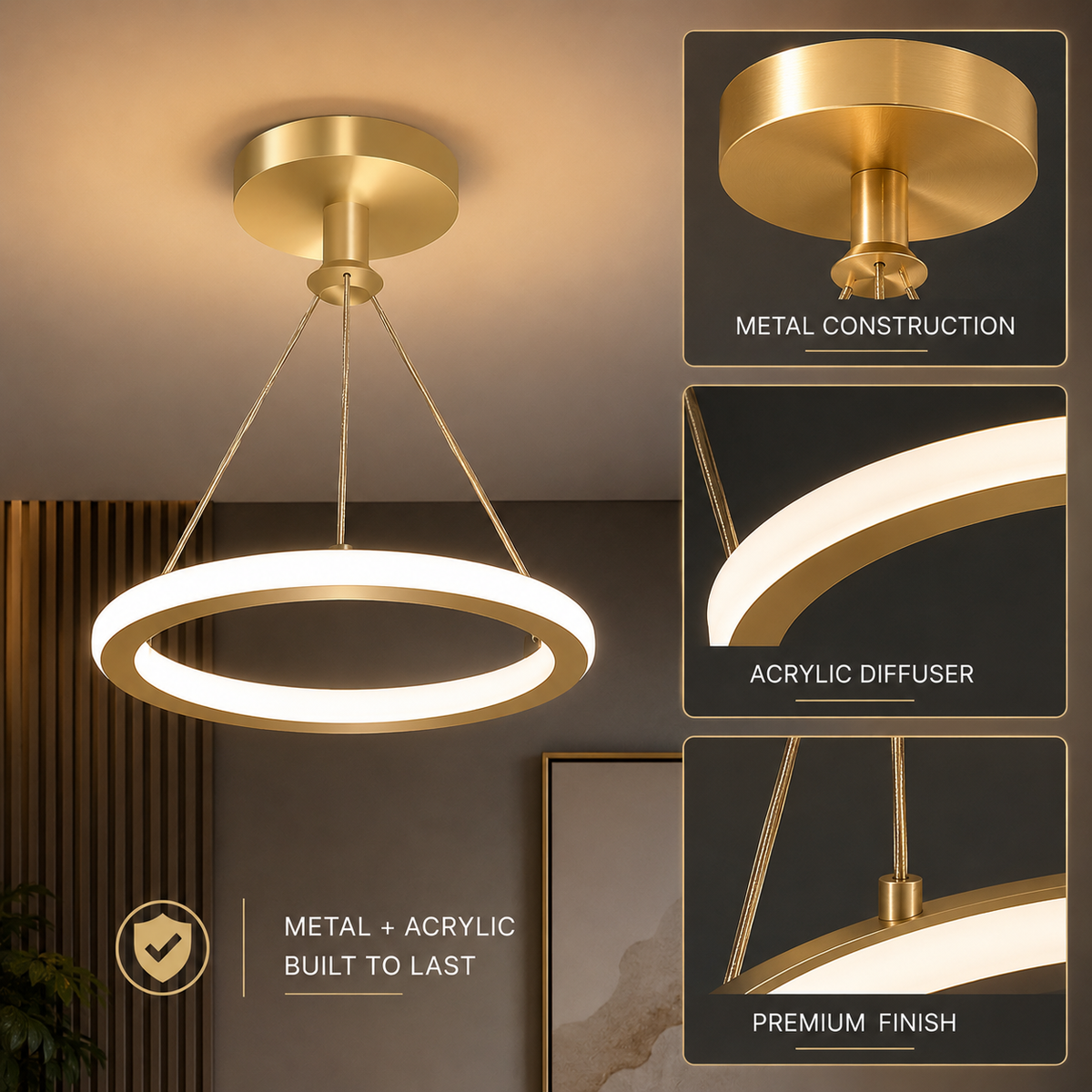 Plafonieră LED aurie, Ø22 cm, 27 W, 1200 lm, 3 funcții de iluminare