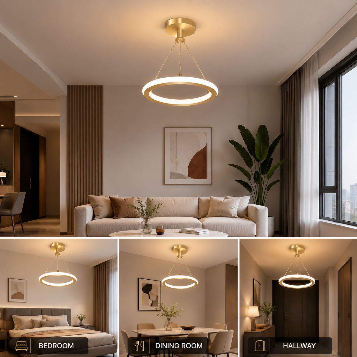 Plafonieră LED aurie, Ø22 cm, 27 W, 1200 lm, 3 funcții de iluminare