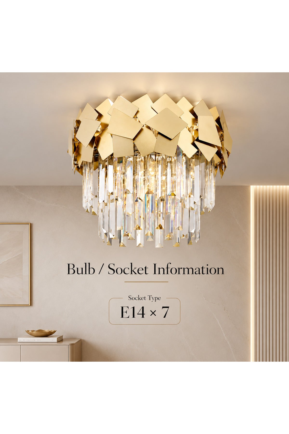 Candelabru auriu cu cristale, 40 cm, 7 x E14, 3 culori de lumină