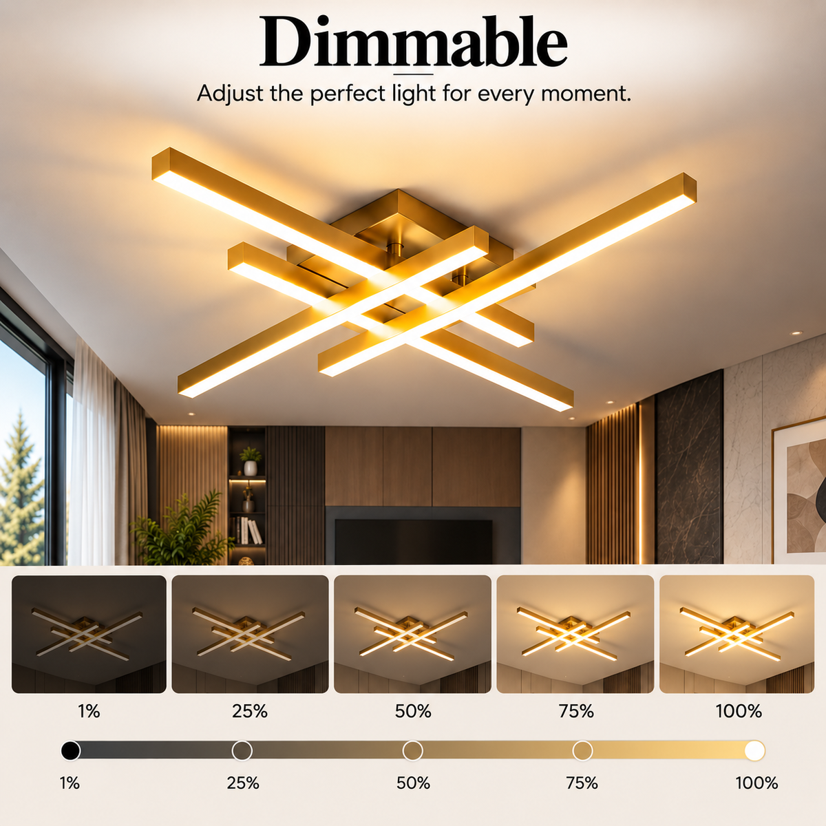 Plafonieră LED aurie cu 4 lumini, 66 W, dimabilă, cu telecomandă