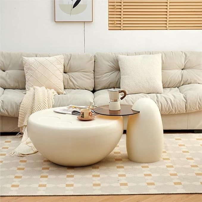 Set 2 măsuțe cafea model A802 – crem, design modern, blat sticlă fumurie