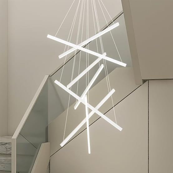 Pendul LED geometric alb, 7 surse, cu telecomandă, dimabil, 200 cm