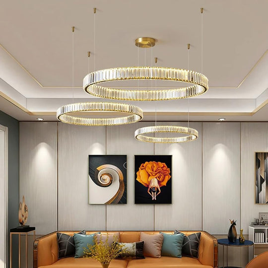Candelabru LED auriu cu cristale, 3 inele, telecomandă, 40/60/80 cm