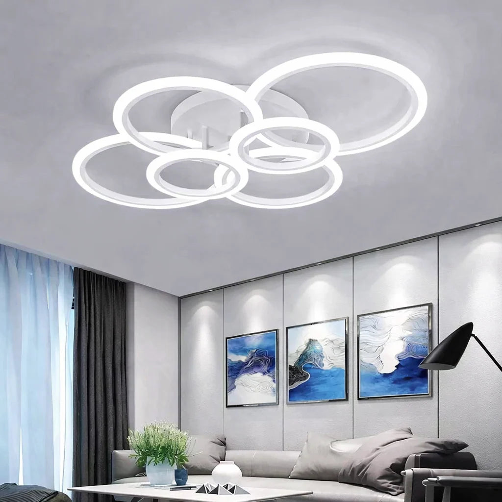 Plafonieră LED 160 W, 6 inele, albă, dimabilă, 3 culori, telecomandă