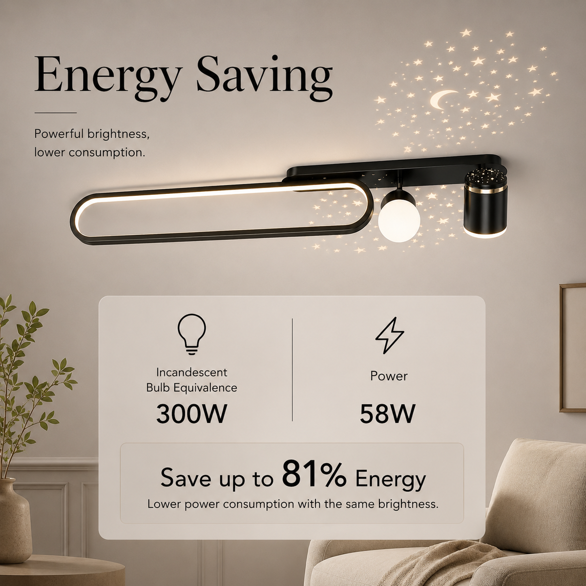 Plafonieră LED neagră, 80 cm, 58 W, 3000 lm
