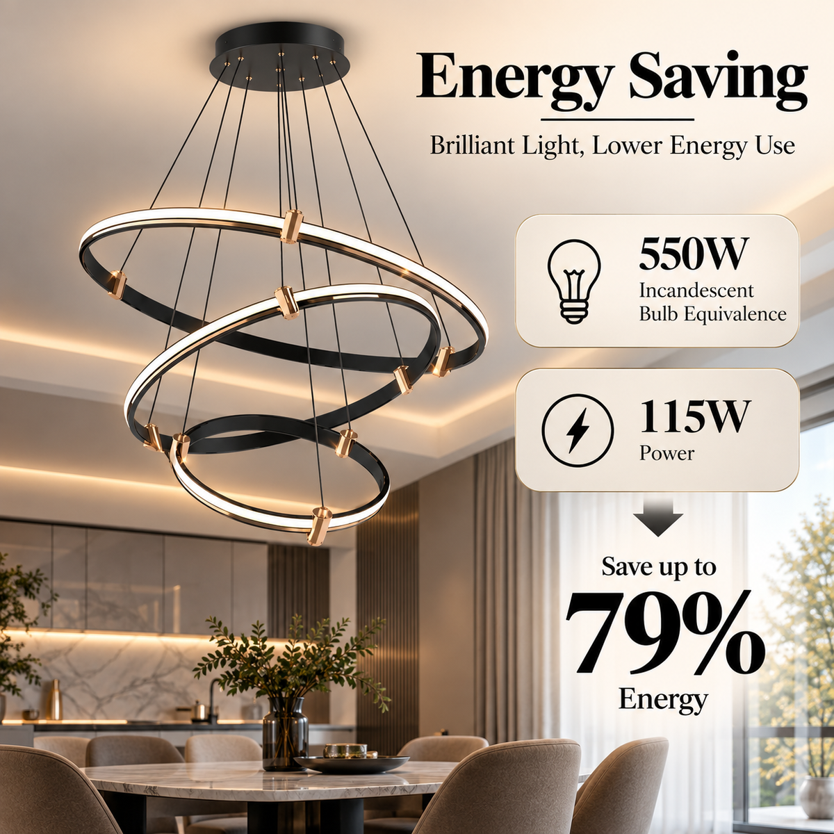 Candelabru LED negru cu 3 inele Ø40/60/80 cm, WiFi, telecomandă, reglabil