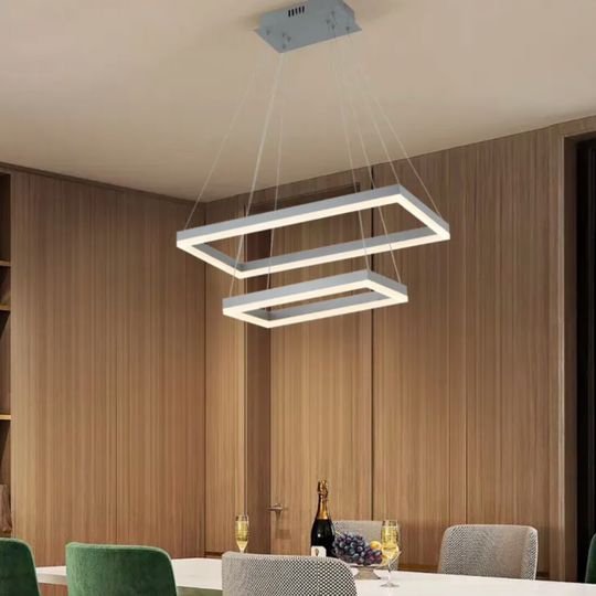Lustră LED suspendată albă, cu două elemente dreptunghiulare din acril