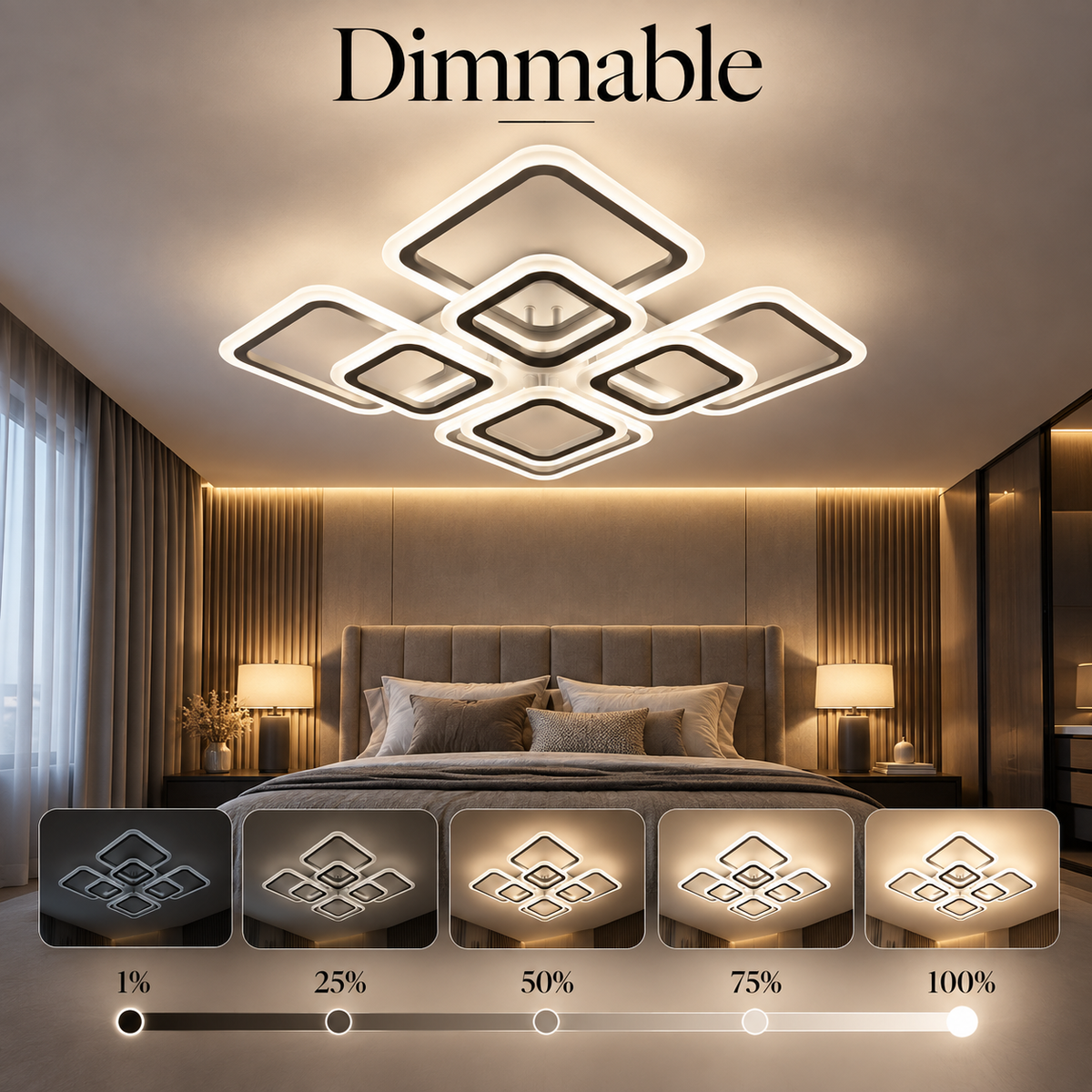 Plafonieră LED pătrată cu 8 lumini, dimabilă, telecomandă, 144 W, albă
