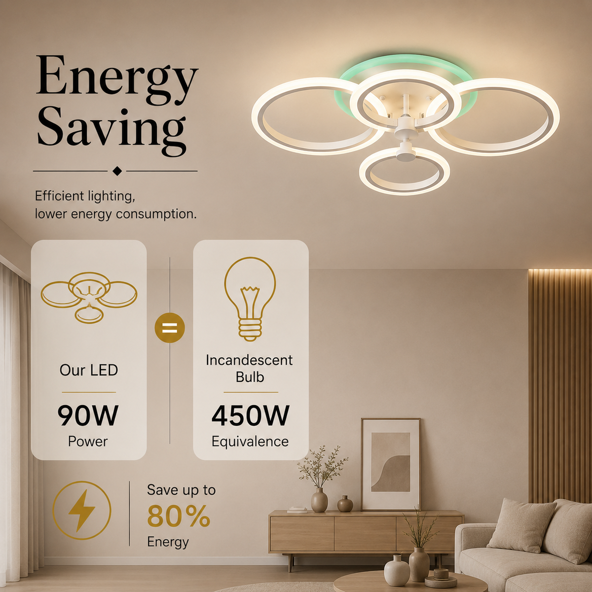 Plafonieră LED RGB 90W, 4 inele, dimabilă, Wi-Fi și telecomandă