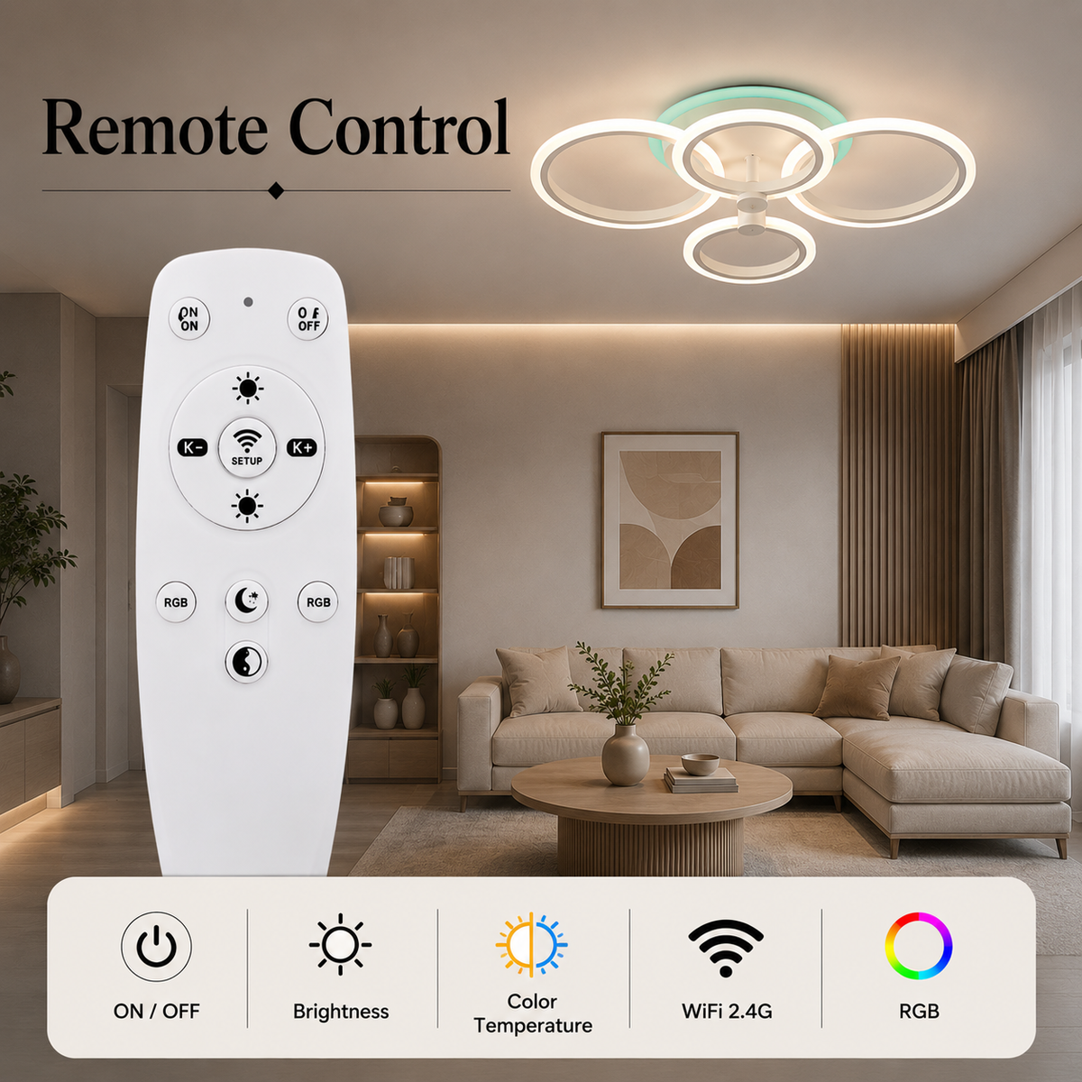 Plafonieră LED RGB 90W, 4 inele, dimabilă, Wi-Fi și telecomandă