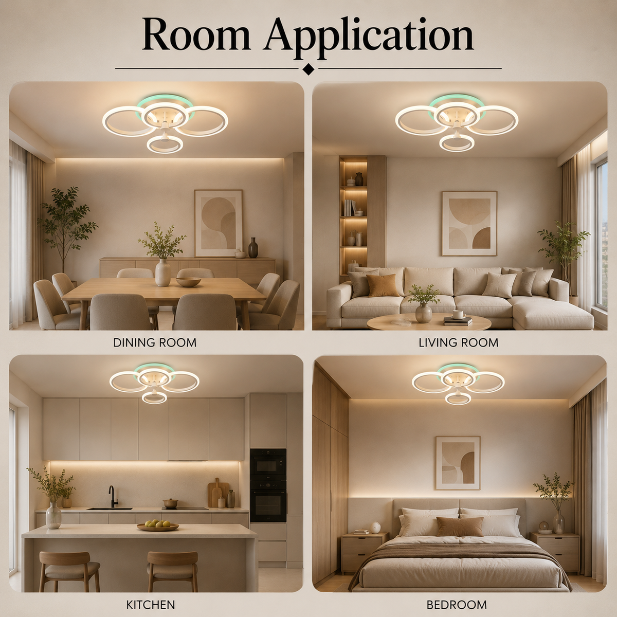 Plafonieră LED RGB 90W, 4 inele, dimabilă, Wi-Fi și telecomandă