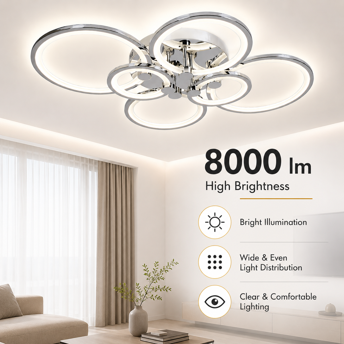 Lustră LED cromată cu 6 inele și telecomandă, 75 x 16 x 55 cm