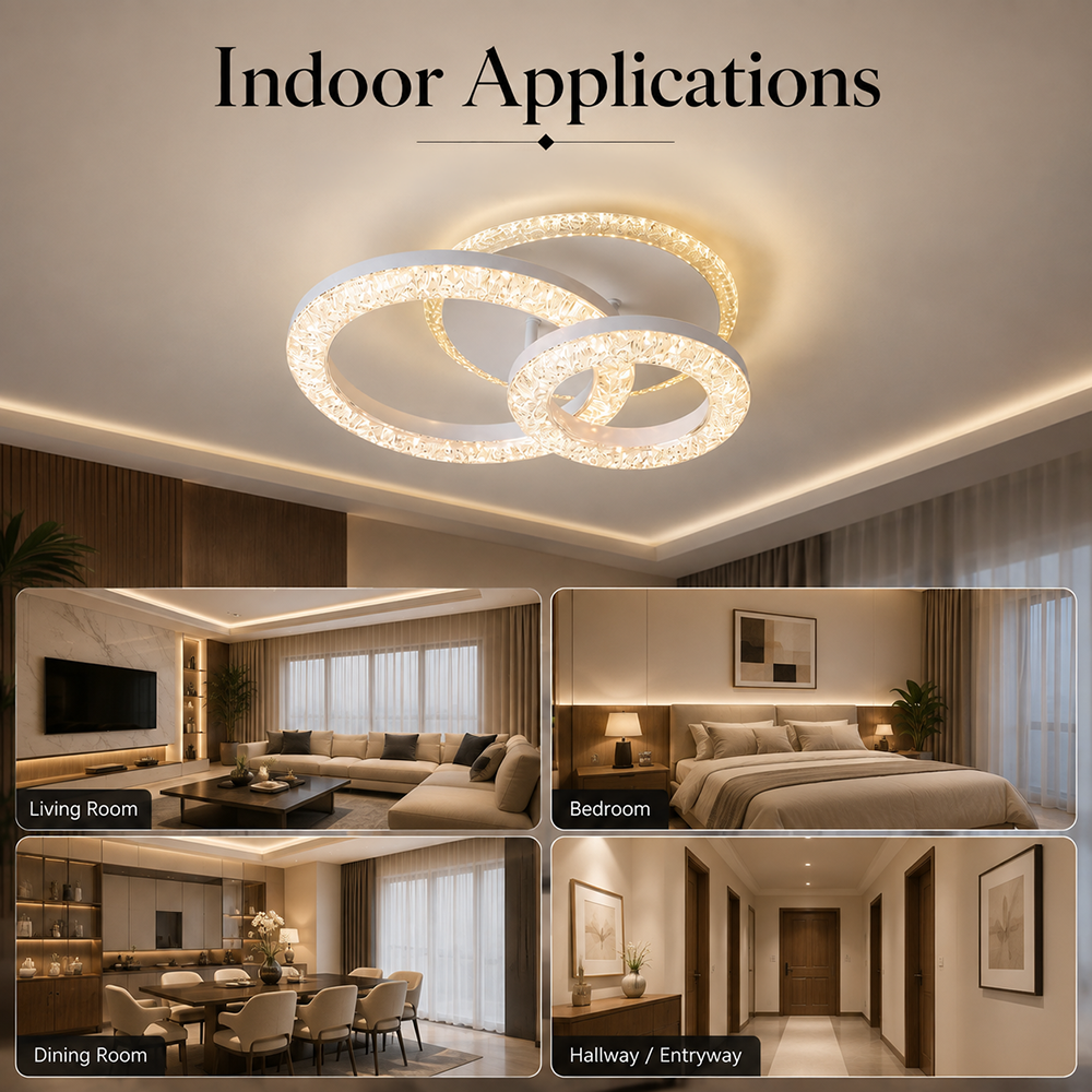 Plafonieră LED 80 W, 2 inele din cristal, dimabilă, Wi-Fi, telecomandă