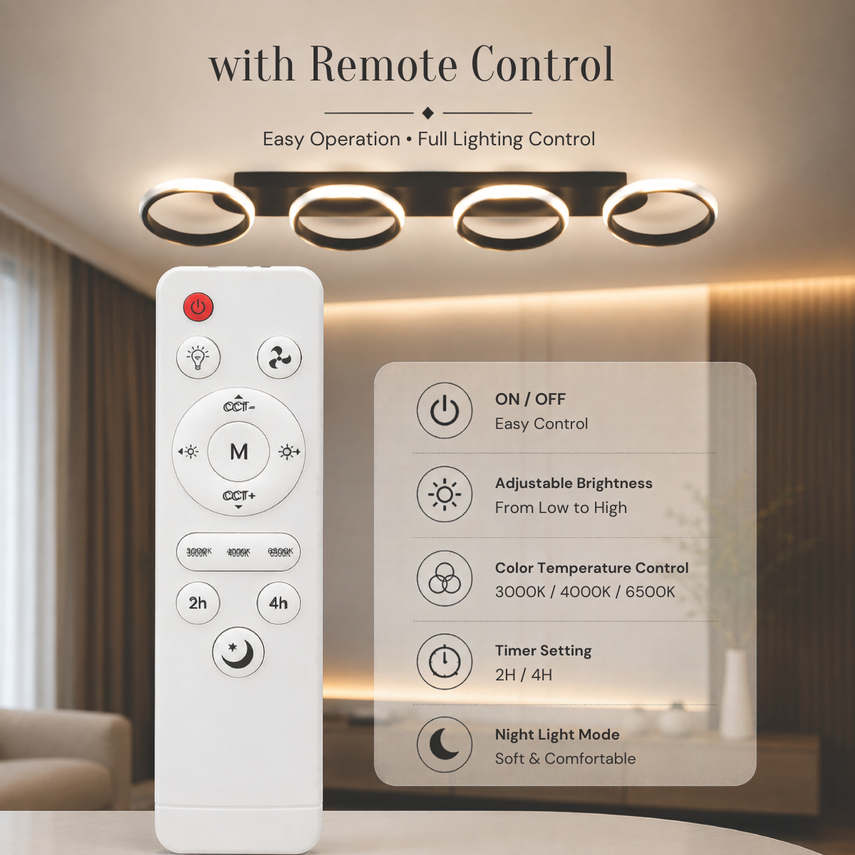Plafonieră LED 88 W, dimabilă, Wi-Fi, cu telecomandă, 3 culori, 90 cm