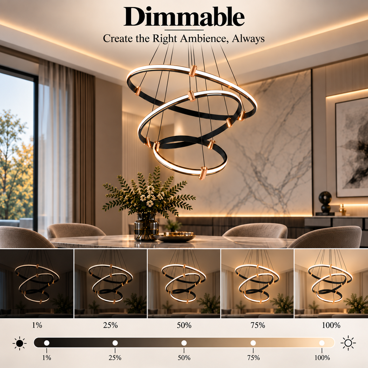 Candelabru LED negru cu 3 inele Ø40/60/80 cm, WiFi, telecomandă, reglabil
