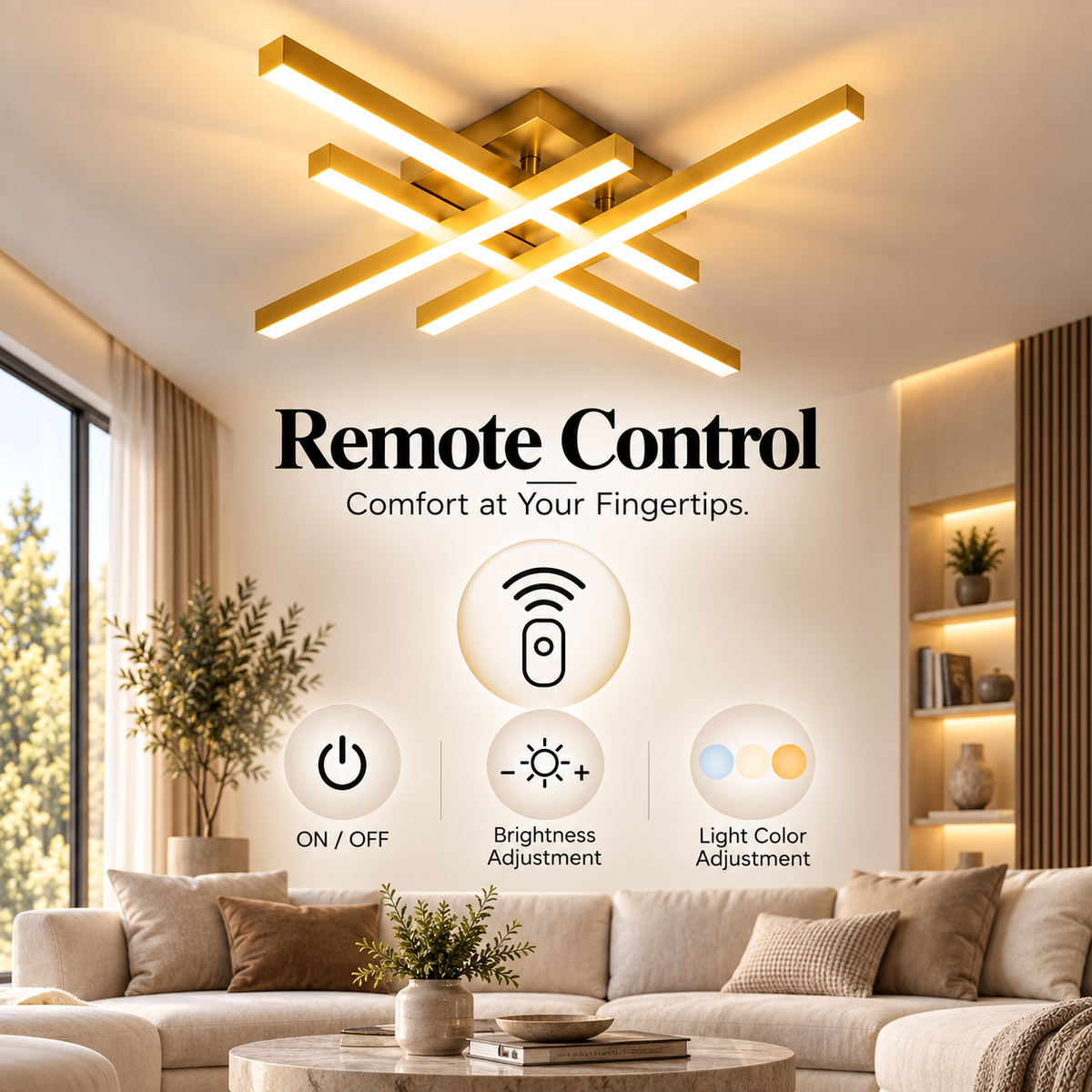 Plafonieră LED aurie cu 4 lumini, 66 W, dimabilă, cu telecomandă