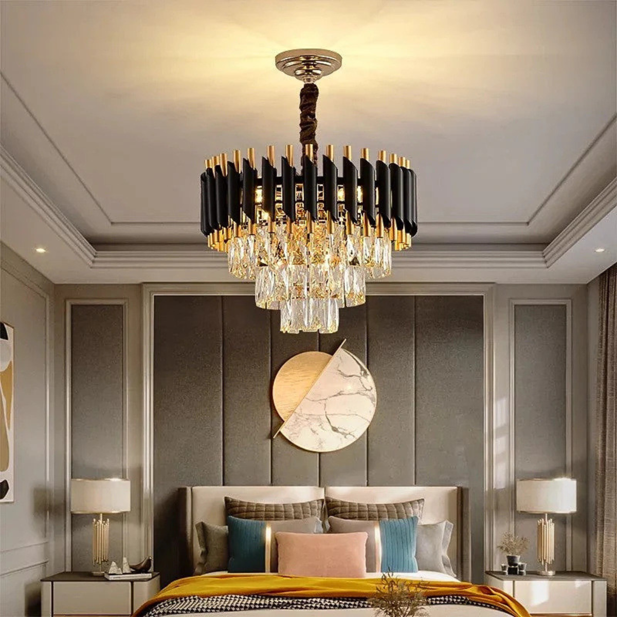 Candelabru cu 5 socluri E14 din metal și sticlă, Ø 50 cm, înălțime 50 cm