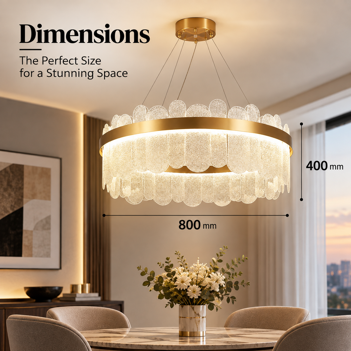 Candelabru LED auriu cu cristale, 45 W, Ø40 cm, 3 culori de lumină