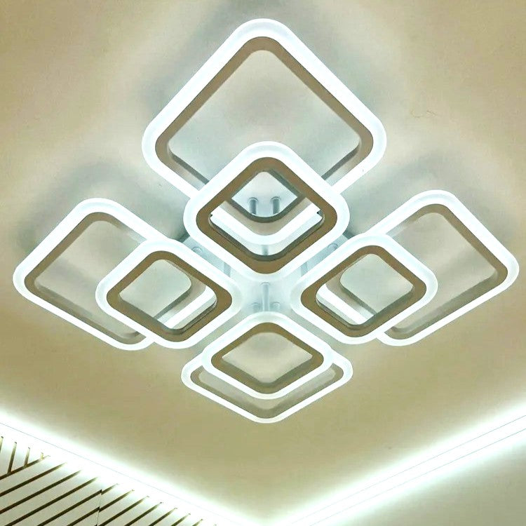 Plafonieră LED pătrată cu 8 lumini, dimabilă, telecomandă, 144 W, albă