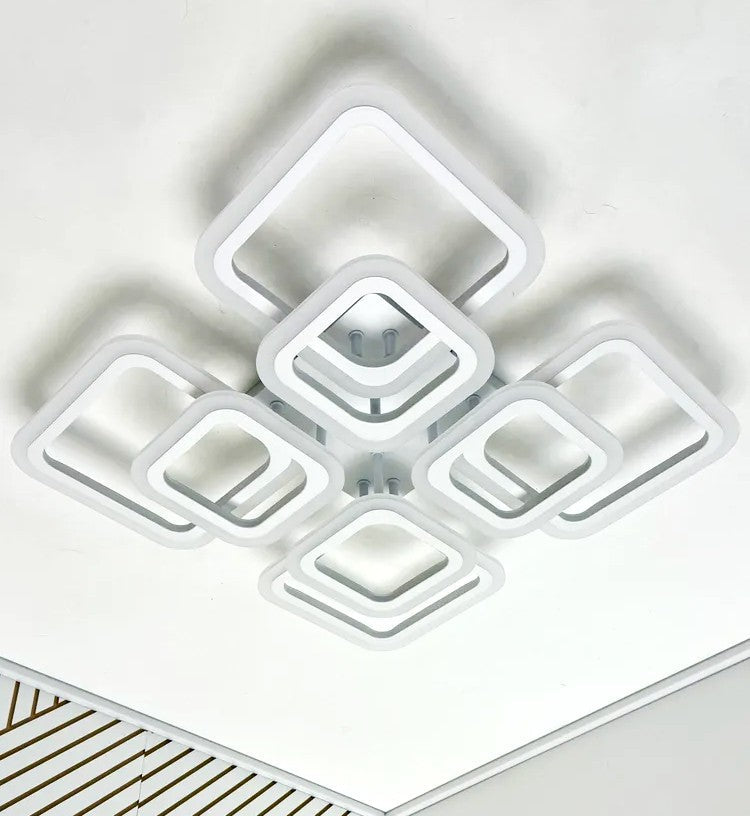 Plafonieră LED pătrată cu 8 lumini, dimabilă, telecomandă, 144 W, albă