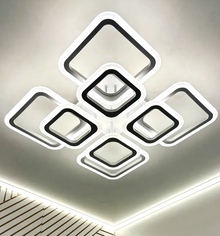 Plafonieră LED pătrată cu 8 lumini, dimabilă, telecomandă, 144 W, albă