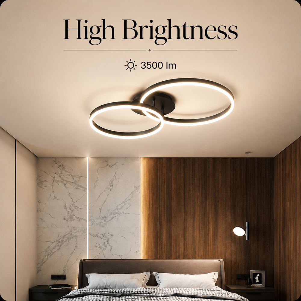 Plafonieră LED neagră, 2 inele, Wi-Fi, telecomandă, dimabilă, 120 W