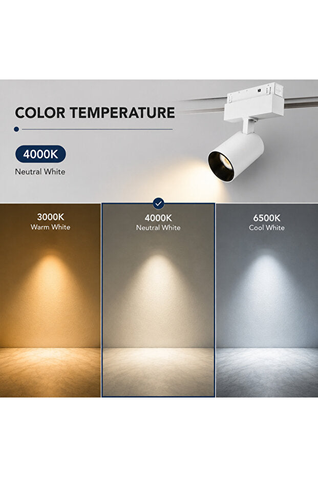 Proiector LED COB pentru șină magnetică, 10 W, 1000 lm, 4000 K, 48 V, alb