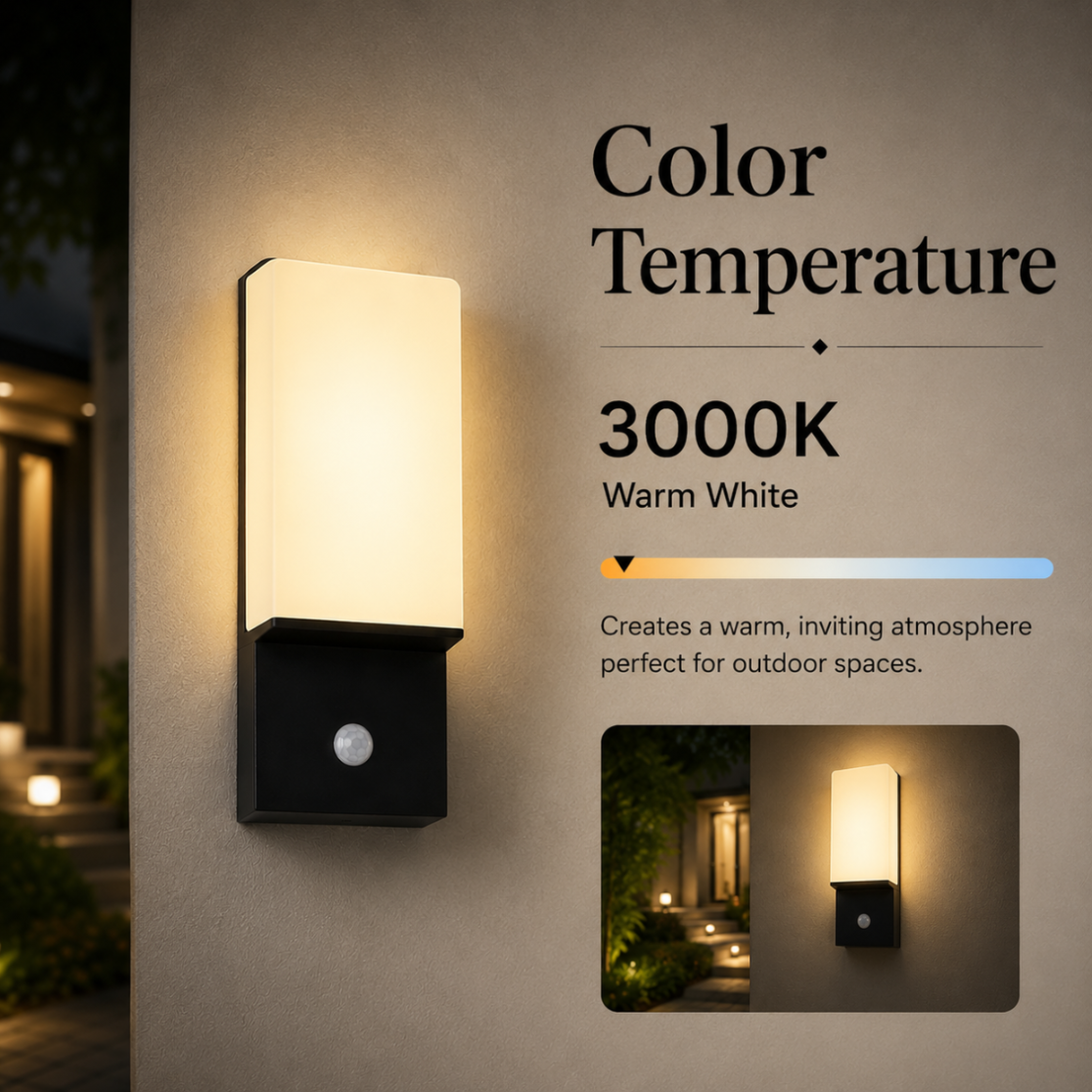 Aplica LED de perete exterior 18 W, cu senzor de mișcare, 3 culori, alb