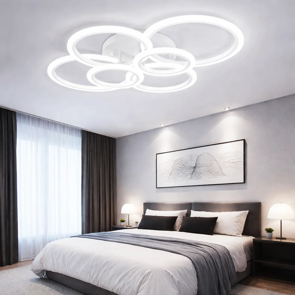 Plafonieră LED 160 W, 6 inele, albă, dimabilă, 3 culori, telecomandă