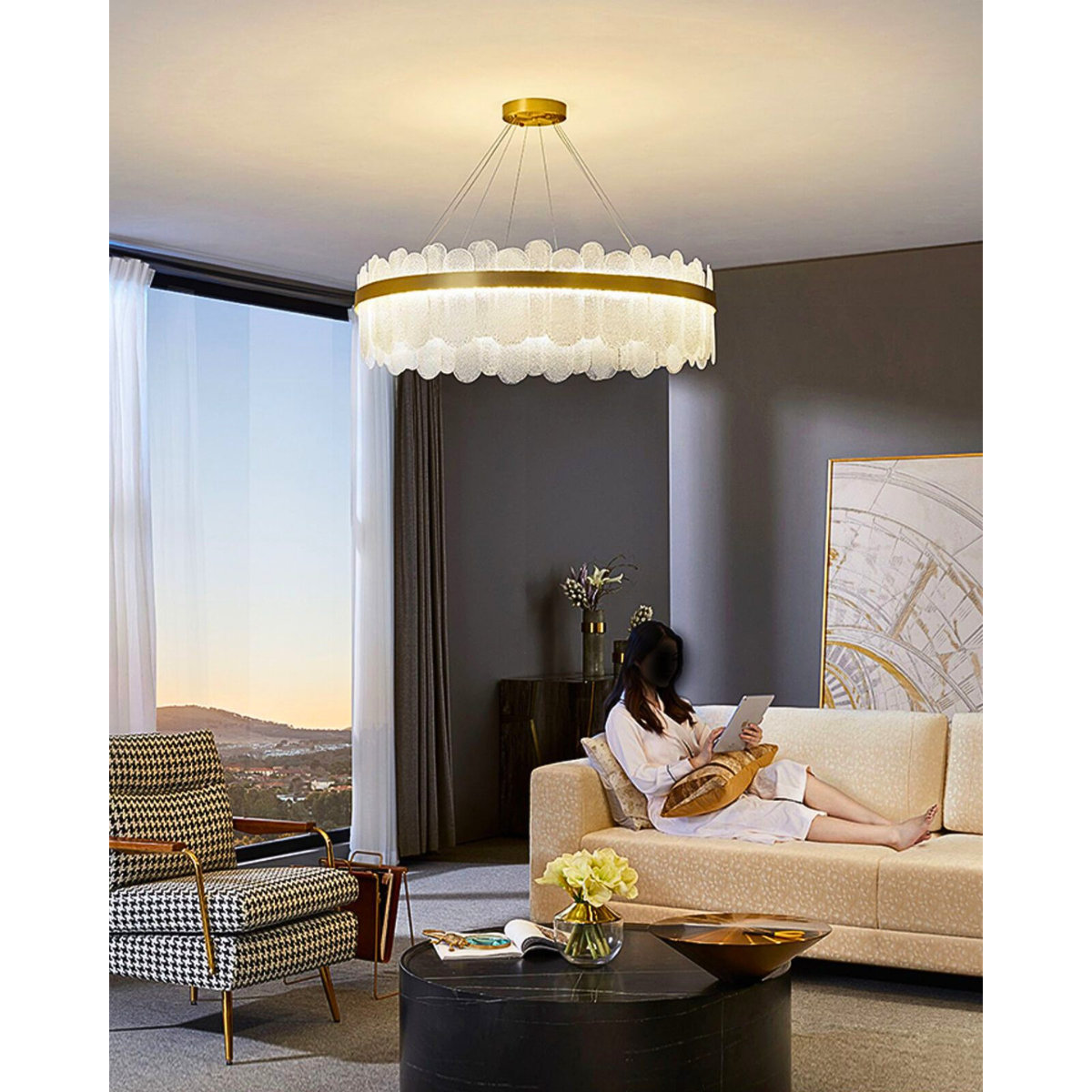 Lustră LED suspendată din cristal, aurie, 40 cm, cu telecomandă