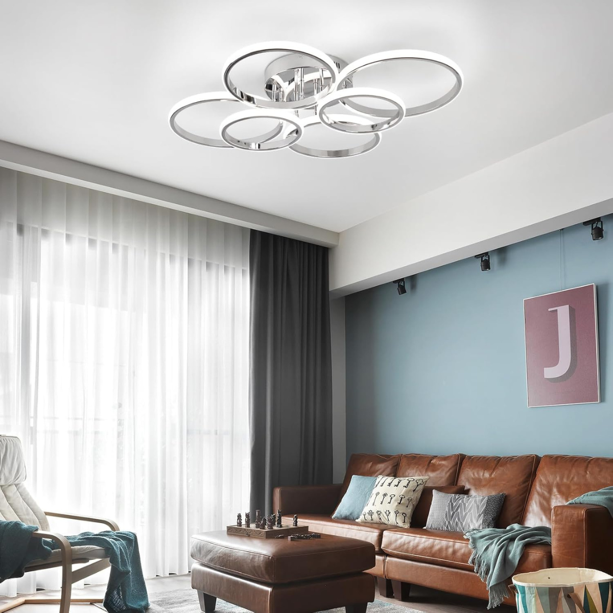 Lustră LED cromată cu 6 inele și telecomandă, 75 x 16 x 55 cm