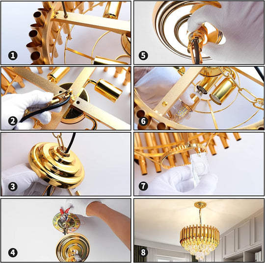 Candelabru auriu cu cristale K9, diametru 50 cm, 7 socluri