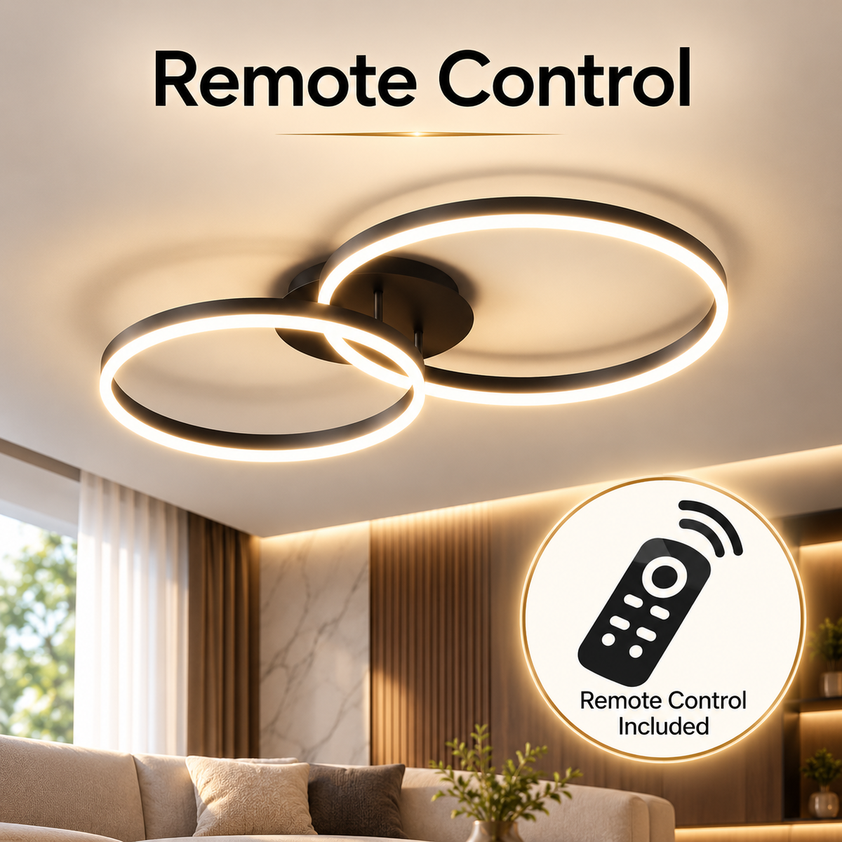 Plafonieră LED neagră, 2 inele, Wi-Fi, telecomandă, dimabilă, 120 W