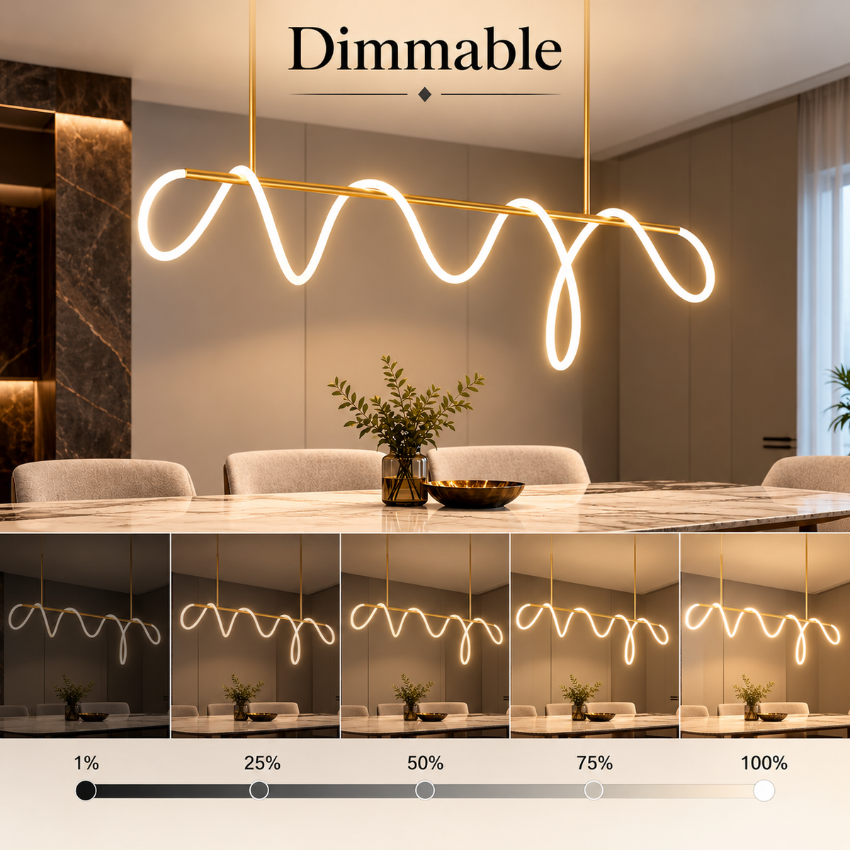 Plafonieră LED aurie, 150 cm, dimabilă, Wi-Fi, telecomandă, 3 culori