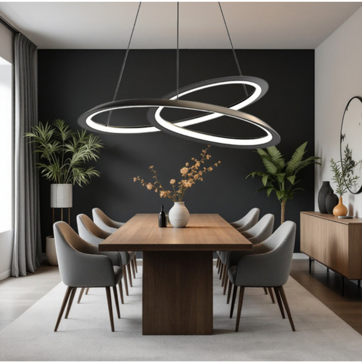 Pendul LED cu inele, negru, cu telecomandă și lumină reglabilă
