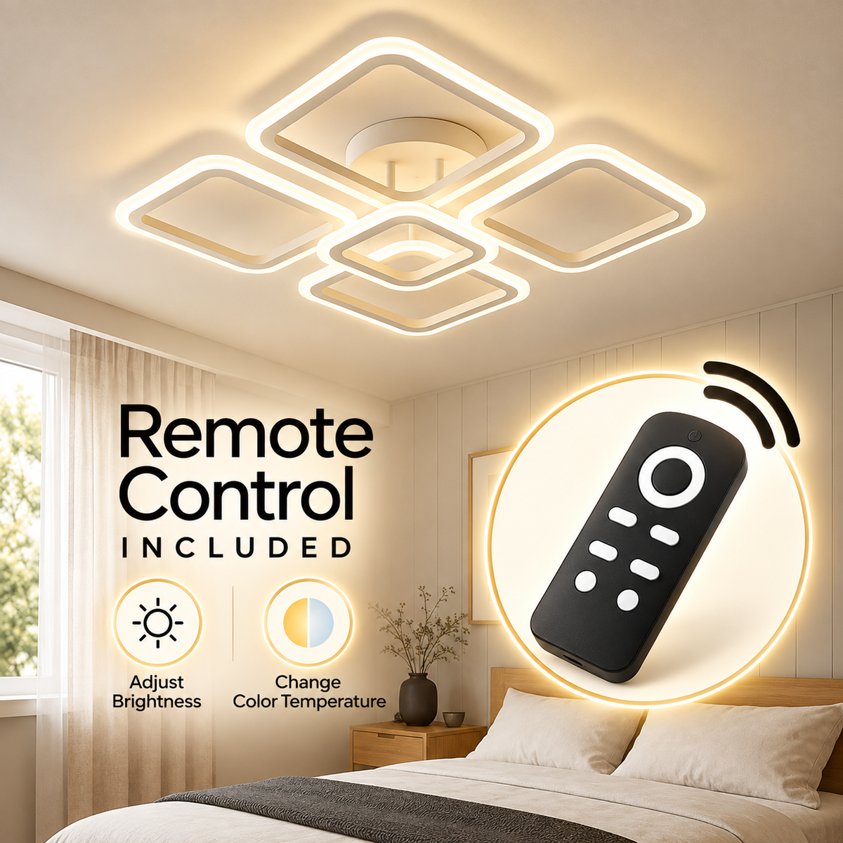 Plafonieră LED pătrată albă, cu 5 surse și telecomandă pentru lumină reglabilă
