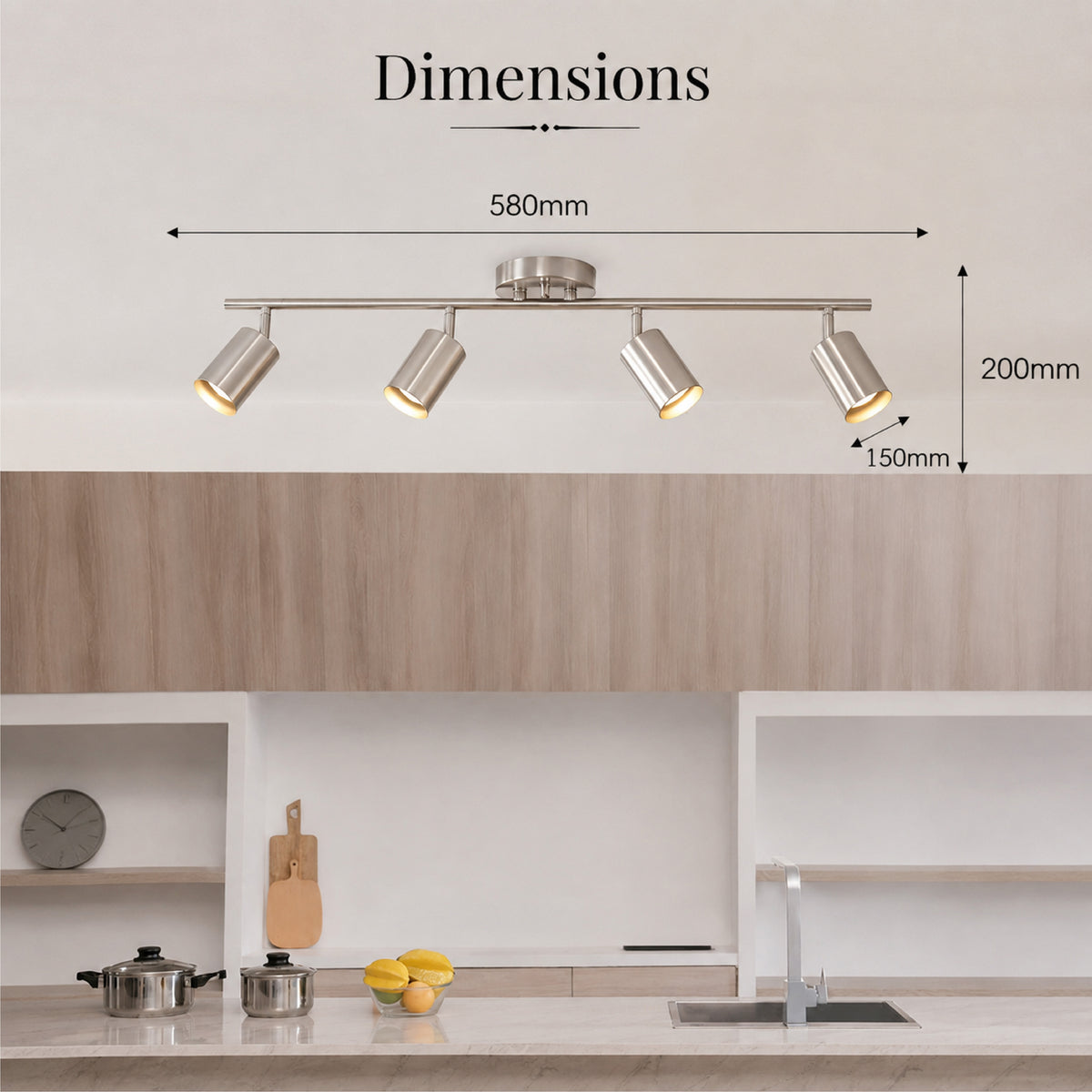 Bară spot GU10 cu 4 lumini pentru tavan/perete, nichel, 58 cm