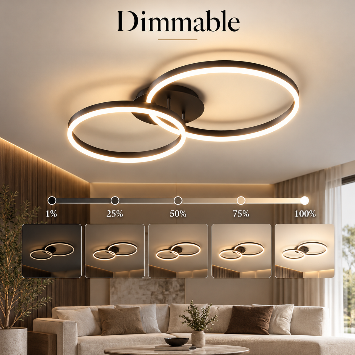 Plafonieră LED neagră, 2 inele, Wi-Fi, telecomandă, dimabilă, 120 W