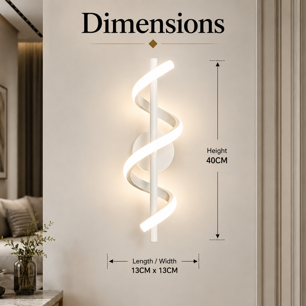 Aplica LED spiralată de perete, albă, 15 W, 3 temperaturi de culoare, 40 cm