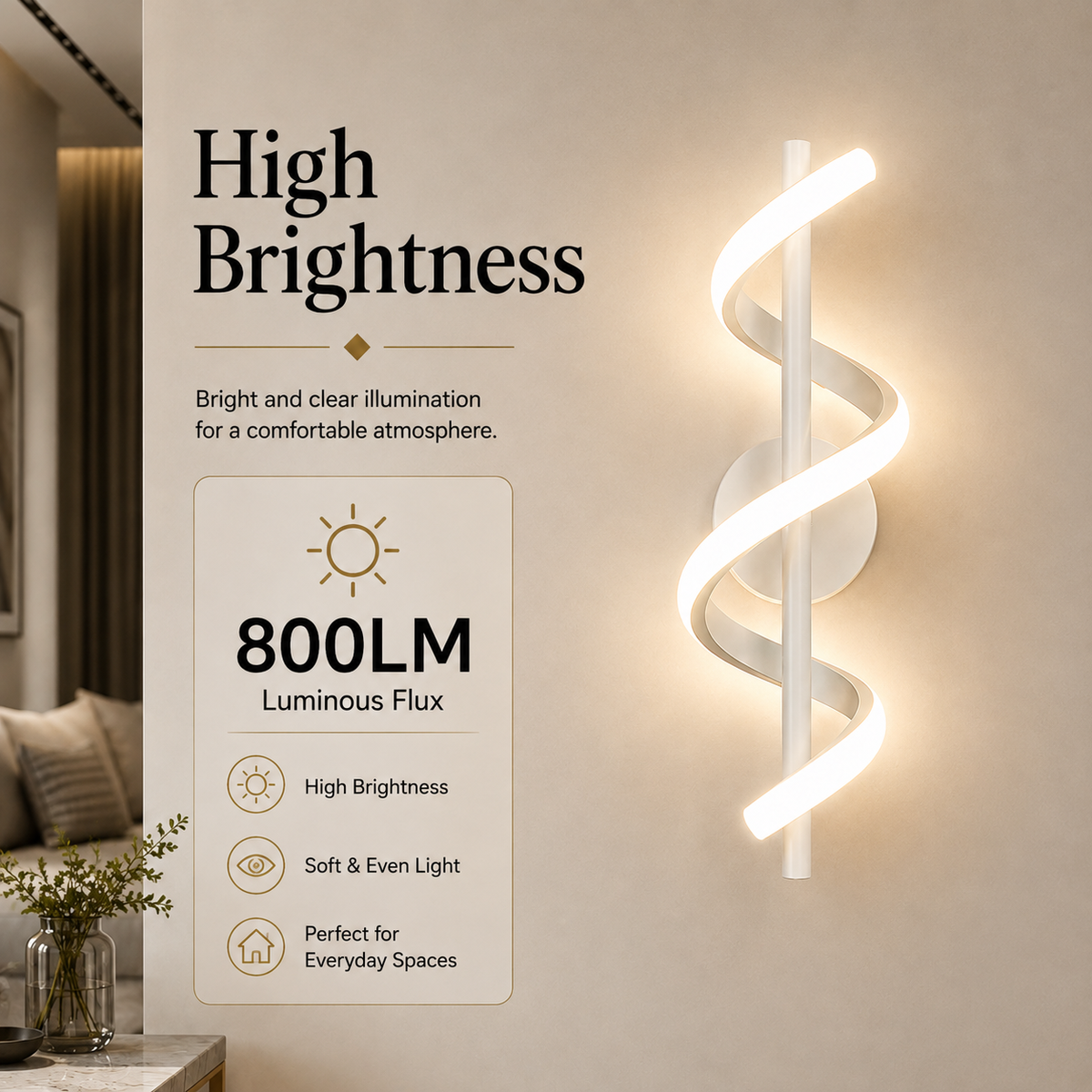 Aplica LED spiralată de perete, albă, 15 W, 3 temperaturi de culoare, 40 cm