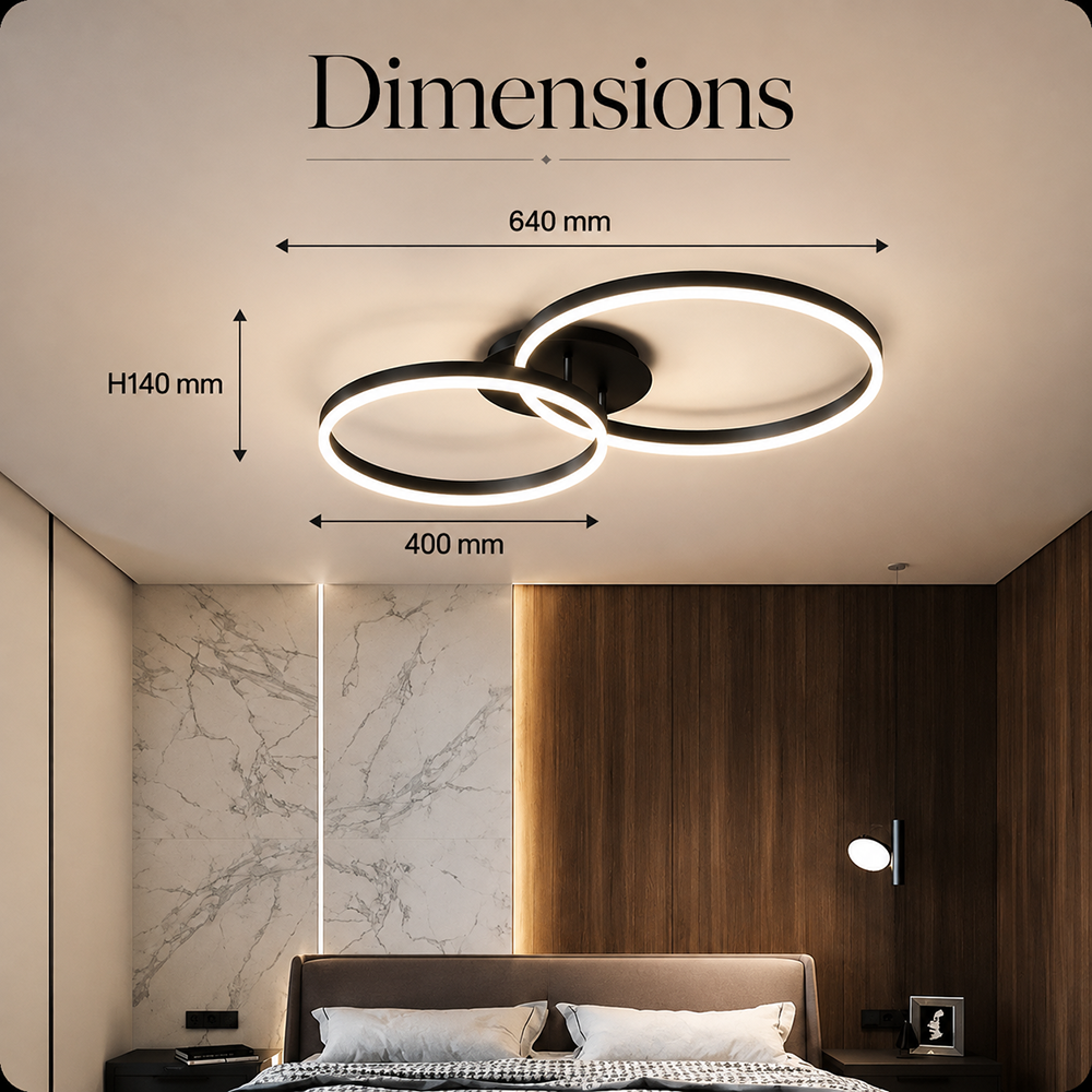 Plafonieră LED neagră, 2 inele, Wi-Fi, telecomandă, dimabilă, 120 W