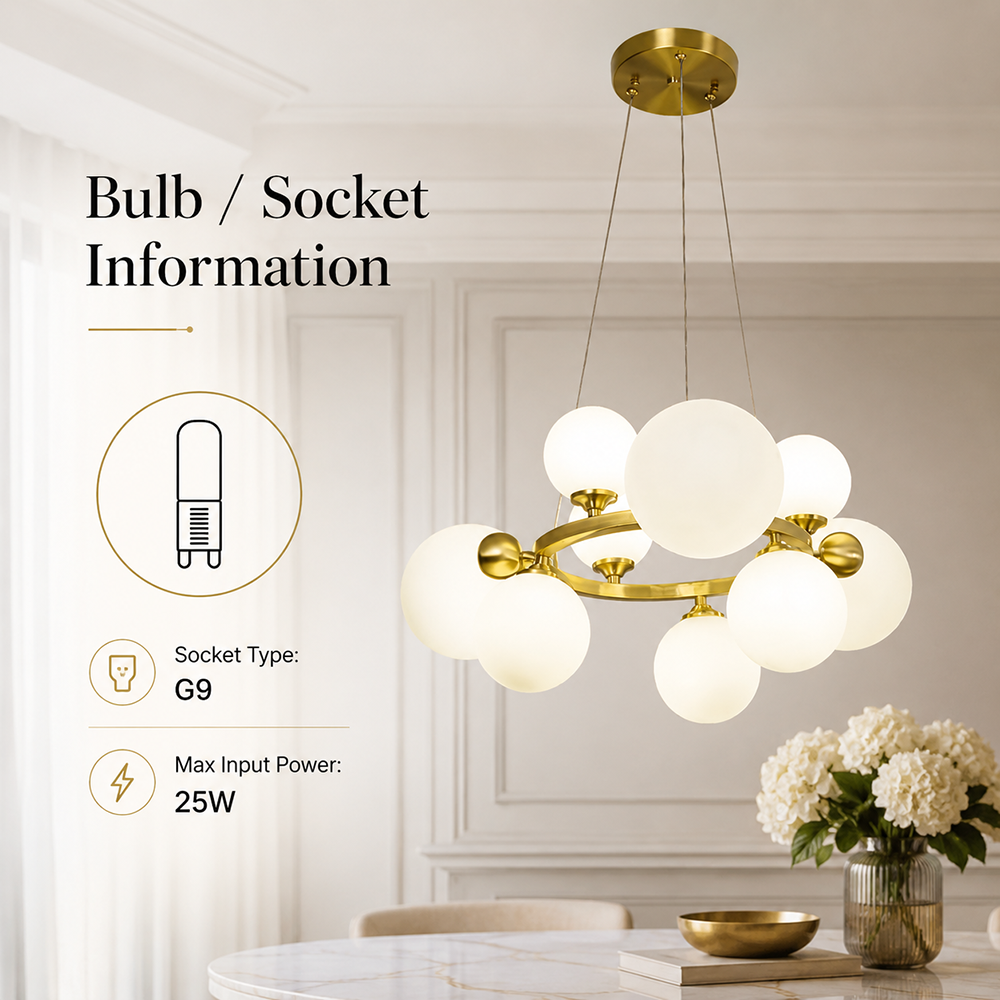 Lustră suspendată modernă cu 9 socluri G9, 3 culori, Ø60 × H80 cm