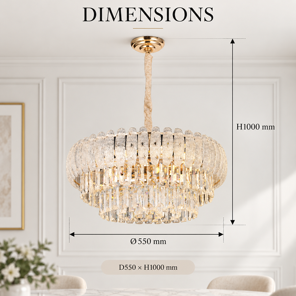 Candelabru modern din cristal și metal, Ø55 cm, 12 x E14, înălțime 100 cm
