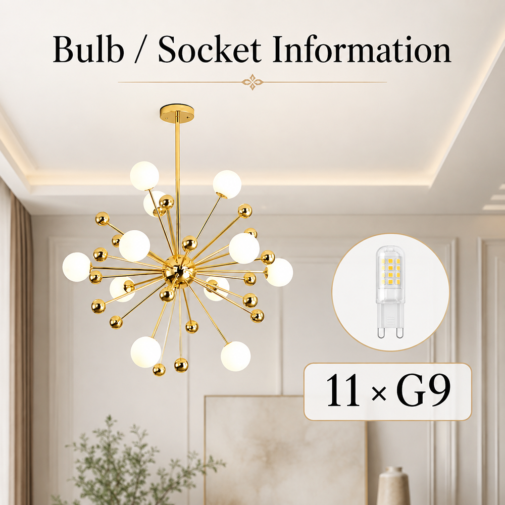 Candelabru modern de tavan auriu, 11 socluri G9, Ø60 cm