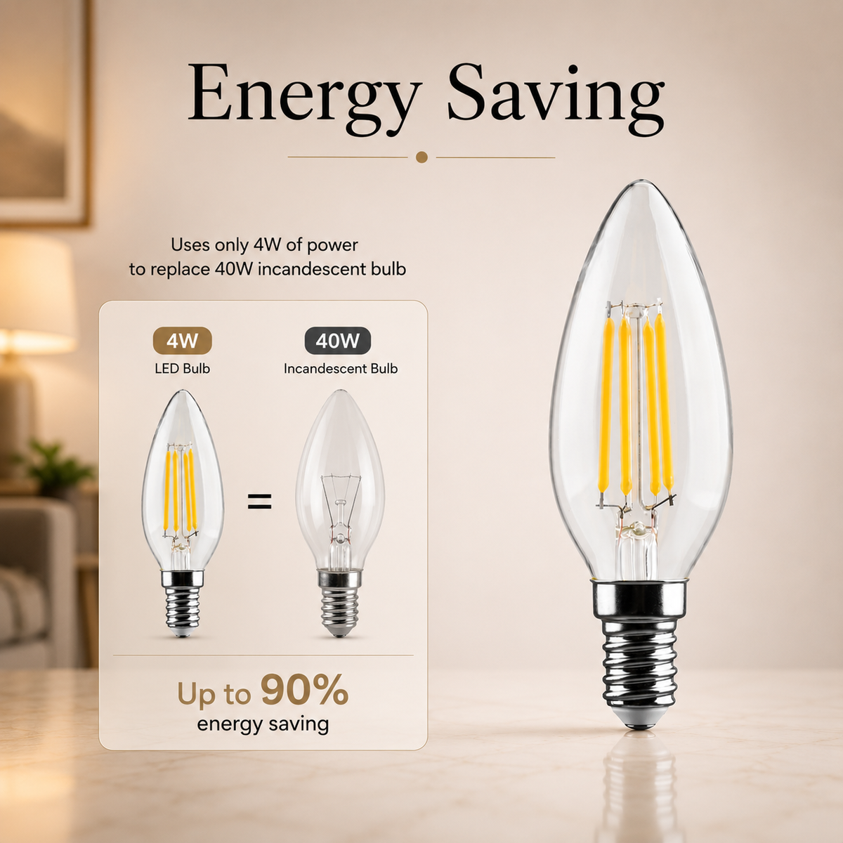 Bec LED filament E14 C35, 4 W, 6500 K, 470 lm, lumină rece