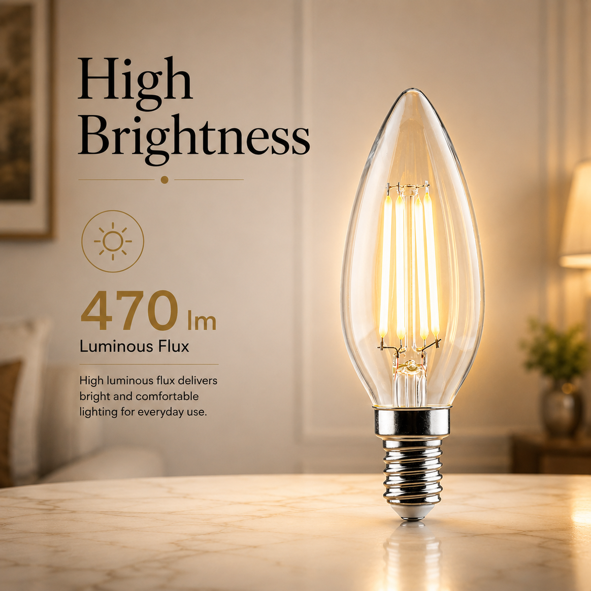 Bec LED filament E14 C35, 4 W, 6500 K, 470 lm, lumină rece
